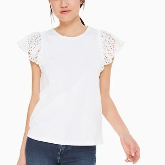 Kate Spade White Eyelet Mixed Media Tee Top Large Cotton Flutter Sleeves… - Picture 2 of 8